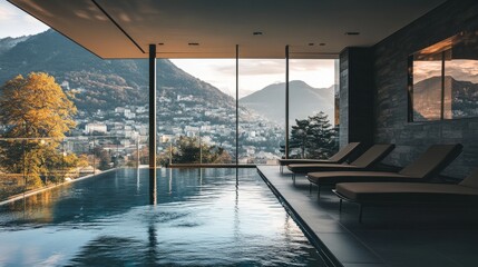 Obraz premium A modern indoor pool with a row of minimalist lounge chairs, sleek tiles, and glass panels framing a scenic city view.