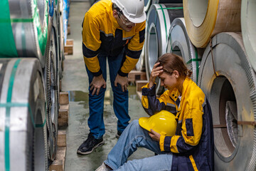 A young female engineer or mechanical worker receives support from her coworker next to the rolls...