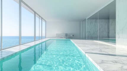Fototapeta premium A modern indoor swimming pool with clear turquoise water, surrounded by sleek marble flooring, and large floor-to-ceiling windows letting in bright daylight.
