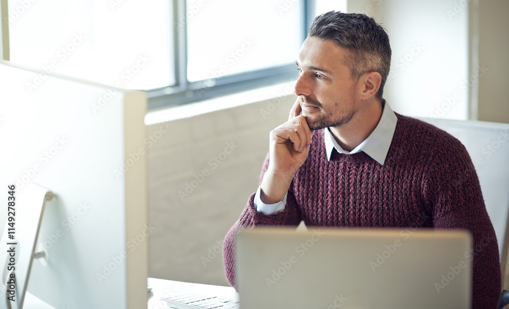 Fototapete Office, businessman and thinking with research on monitor for information technology, server and testing. Programming, company and developer with tech for backend development, solution and debugging