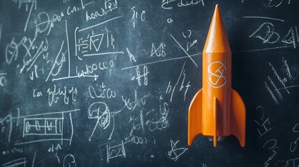 Orange Rocket Against Chalkboard Filled With Math Equations
