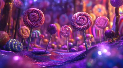 Enchanted candy world filled with vibrant purple lollipops and colorful swirls