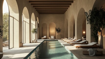 A relaxing indoor swimming pool surrounded by a row of lounge chairs, soft lighting, and modern decor elements.