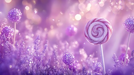 Sweet candy environment with sparkling purple lollipops and sugar details