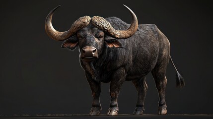 Obraz premium Majestic Portrait of a Full Buffalo in Realistic Detail Captured Against Dark Background