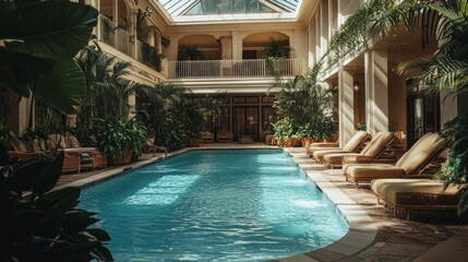 Fototapeta premium A resort-style indoor swimming pool with poolside recliners, lush greenery, and a high glass ceiling flooding the space with natural light.