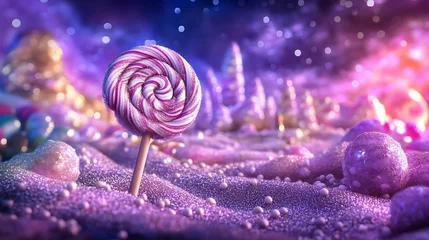 Fototapete Rund Dreamy purple lollipop surrounded by candy landscapes and sugar sparkles © Thirakun