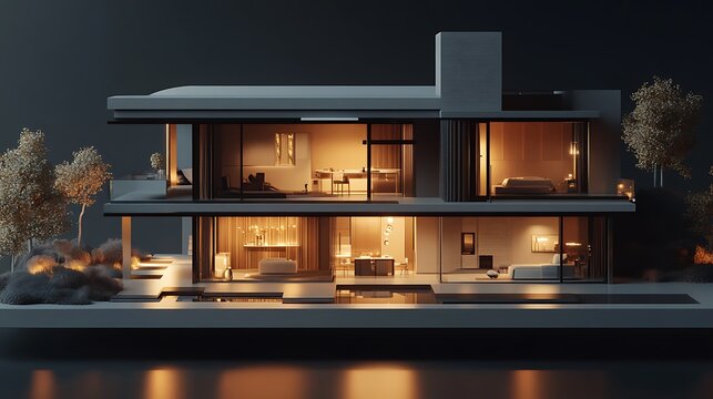 A sleek 3D cross-section rendering of a modern home, showcasing detailed interiors and architectural design.
