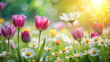 Fototapeta premium Minimalist Spring Garden: Colorful Tulips, Daisies & Chamomile