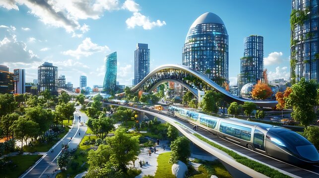 A vibrant 3D design of a sustainable smart city, highlighting innovation in transportation, architecture, and green spaces.
