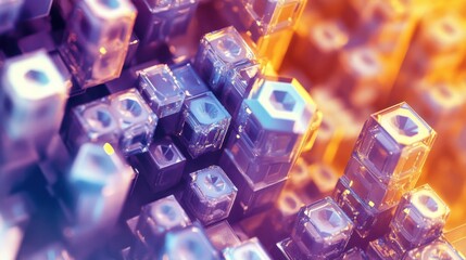 Abstract 3D Render of Interlocking Glass Cubes in Vibrant Purple and Orange Hues