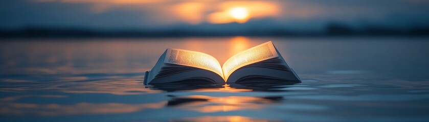 Floating open book on tranquil water at dusk, softly illuminated pages reflecting in the still water, peaceful twilight scene, ethereal glow on the pages, serene mood