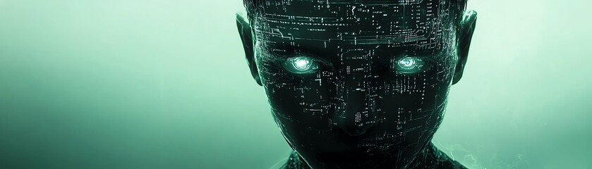 Obraz premium Futuristic humanlike figure with a visible brain, advanced technology integrated into the digital environment, glowing circuits, holographic elements, cybernetic atmosphere