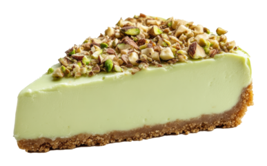 Slice of pistachio cheesecake with chopped nuts on top, dessert concept