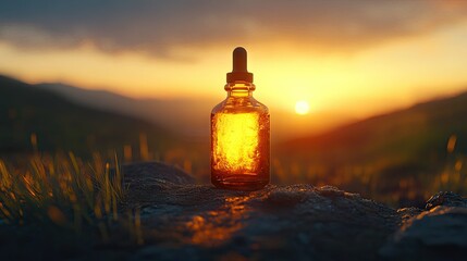 Obraz premium Amber dropper bottle with a focus on the glowing oil inside, set against a blurred nature background.