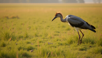 Stork walking on grassland