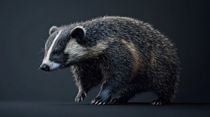 Naklejka premium Realistic full body illustration of a badger in a dynamic pose showcasing its textured fur and details against a dark background