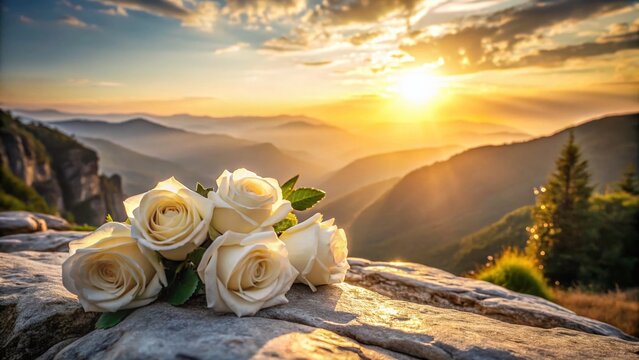 Minimalist Sunset Funeral Floral: White Roses on Mountain Rock - Powered by Adobe
