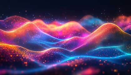 Obraz premium Nighttime digital cityscape with vibrant, colorful data streams, flowing lines symbolizing technological advancements and innovation, glowing digital pathways