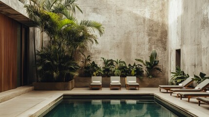 An outdoor pool area with sleek lounge chairs, lush tropical plants, and textured concrete walls in a minimalist design.