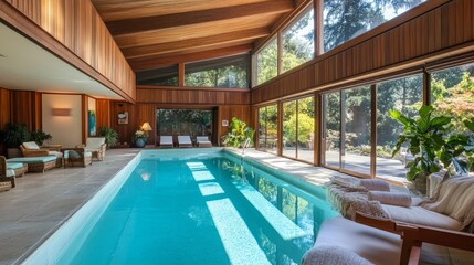 Obraz premium An upscale indoor swimming pool with chic poolside furniture, wood paneling, and scenic views through large glass doors.