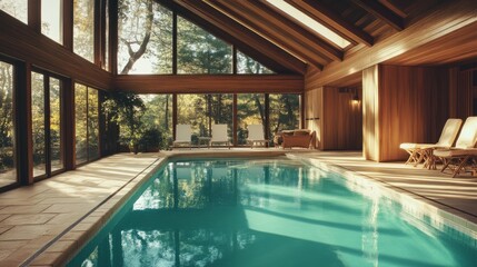 Obraz premium An upscale indoor swimming pool with chic poolside furniture, wood paneling, and scenic views through large glass doors.