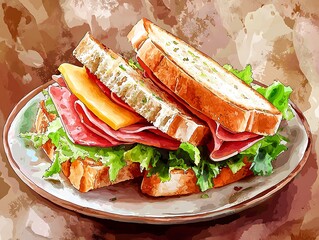 Obraz premium A Delicious Watercolor Painting of a Ham and Cheese Sandwich on a Plate.