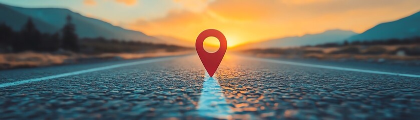 Open road with location marker, surrounded by dramatic mountains and a colorful sunset sky, natural beauty, cinematic lighting, detailed road surface, warm golden hour light