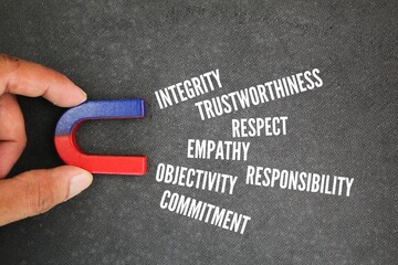 magnet with the words Integrity, Trustworthiness, Objectivity, Respect, Empathy, Responsibility and...