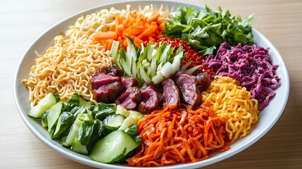 Colorful spicy instant noodle salad garnished with fresh vegetables and meats