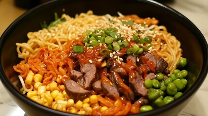 Bowl of instant noodle salad with spicy dressing and mixed meats
