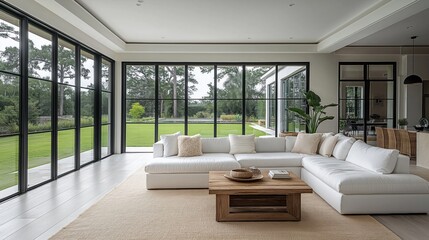 Modern living room with large windows overlooking green lawn, garden. White sectional sofa focal point of room. Wooden coffee table sits in front of sofa adding warmth, style. Natural light fills