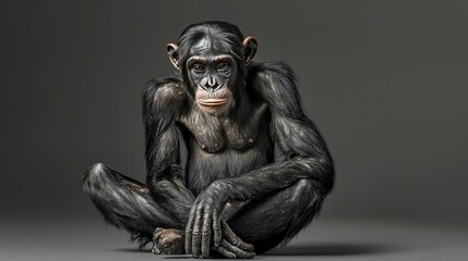 Detailed Portrait of a Full Body Sitting Chimpanzee with a Calm Expression in a Neutral Background