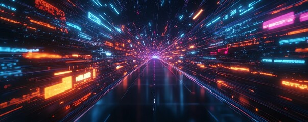 Naklejka premium Vibrant data streams in a dark digital environment at night