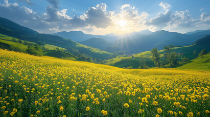 Obraz premium A wide landscape of yellow flowers leads to rolling green hills