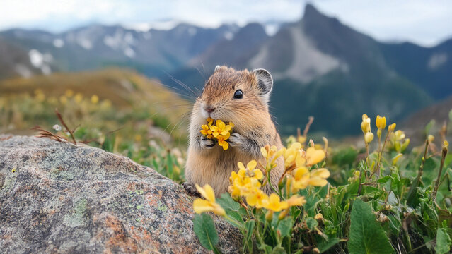 A mouse is eating yellow flowers. Altai pika field flowers beige animal dry. Beige and brown animals lifestyle in a field.