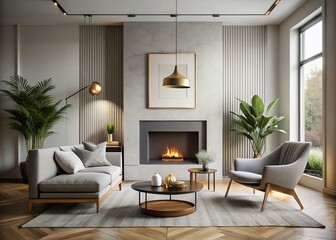 Minimalist Wall Frame Mockup, Modern Fireplace, Luxury Interior Design, Home Decor