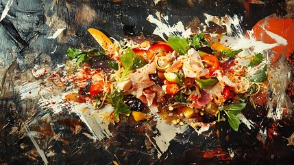 Instant noodle salad with spicy sauce and mixed meats on a rustic surface