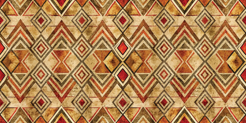 Geometric patterns in warm earthy tones with a vintage texture, creating a bold and artistic design.