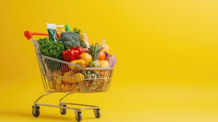 Shopping cart full of groceries on yellow background with copy space. Consumerism