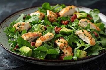 Fresh green salad with crispy chicken and avocado