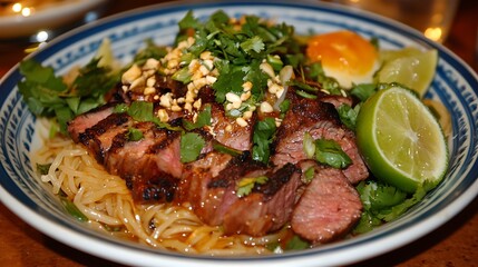 Vibrant spicy noodle salad with mixed meats and fresh lime wedges