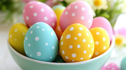 Obraz premium Colorful Easter Eggs in a Bowl with Polka Dots for Spring Celebration