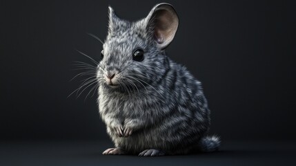 Adorable small gray rodent with fluffy fur sitting against a dark background showcasing its cute features and expressive eyes