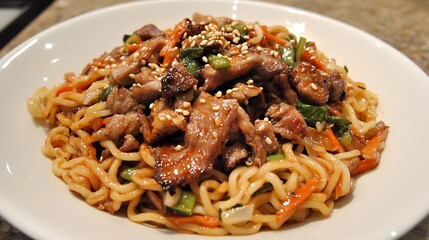 Spicy noodle salad with mixed meats served on a white ceramic plate