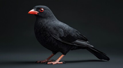 Full Body Profile of a Black Bird with Bright Orange Beak Set Against a Dark Background