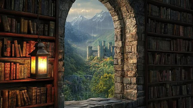 Medieval stone window with a view of a distant castle on a lush green hill  
Seamless looping 4k time-lapse virtual video animation Generated AI