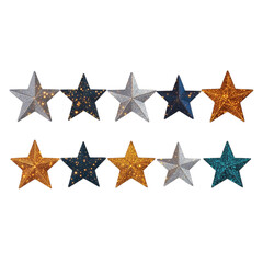 Obraz premium Decorative stars in various colors arranged in two rows, showcasing a mix of glittery textures and vibrant hues.