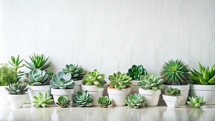 Obraz premium A Serene Collection of Lush Green Succulents in White Pots Against a Textured White Wall