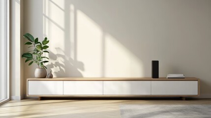 Fototapeta premium Simple minimal cabinet for tv interior wall mockup